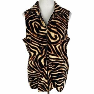 Mirror‎ Image Cougar Animal Print Zip Up Fleece Vest Women's Large Brown Black